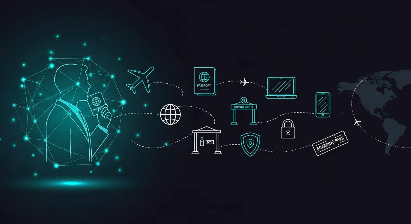 International travel cybersecurity concept with an executive, passport, devices, and border crossings protected by a secure network
